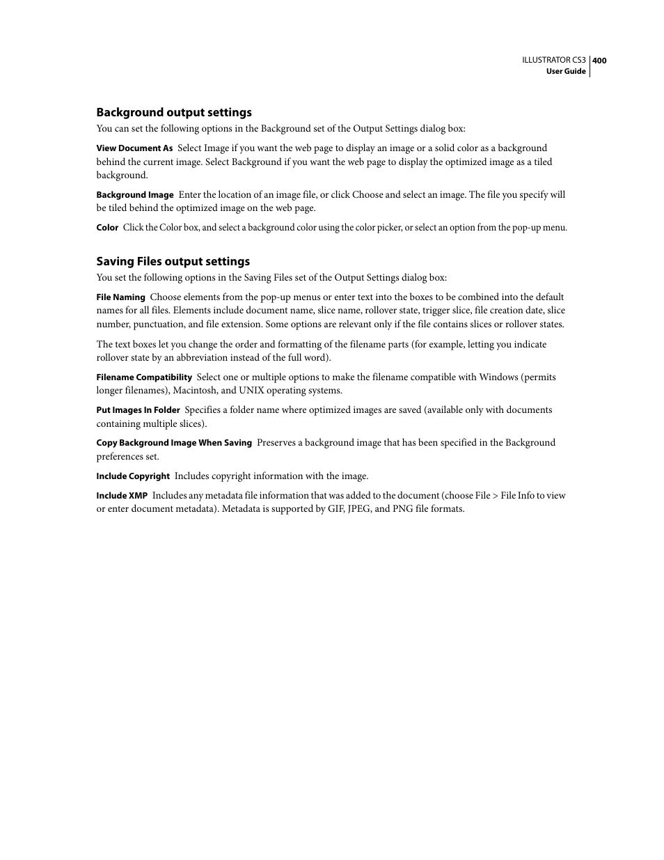 Background output settings, Saving files output settings | Adobe Illustrator CS3 User Manual | Page 406 / 495