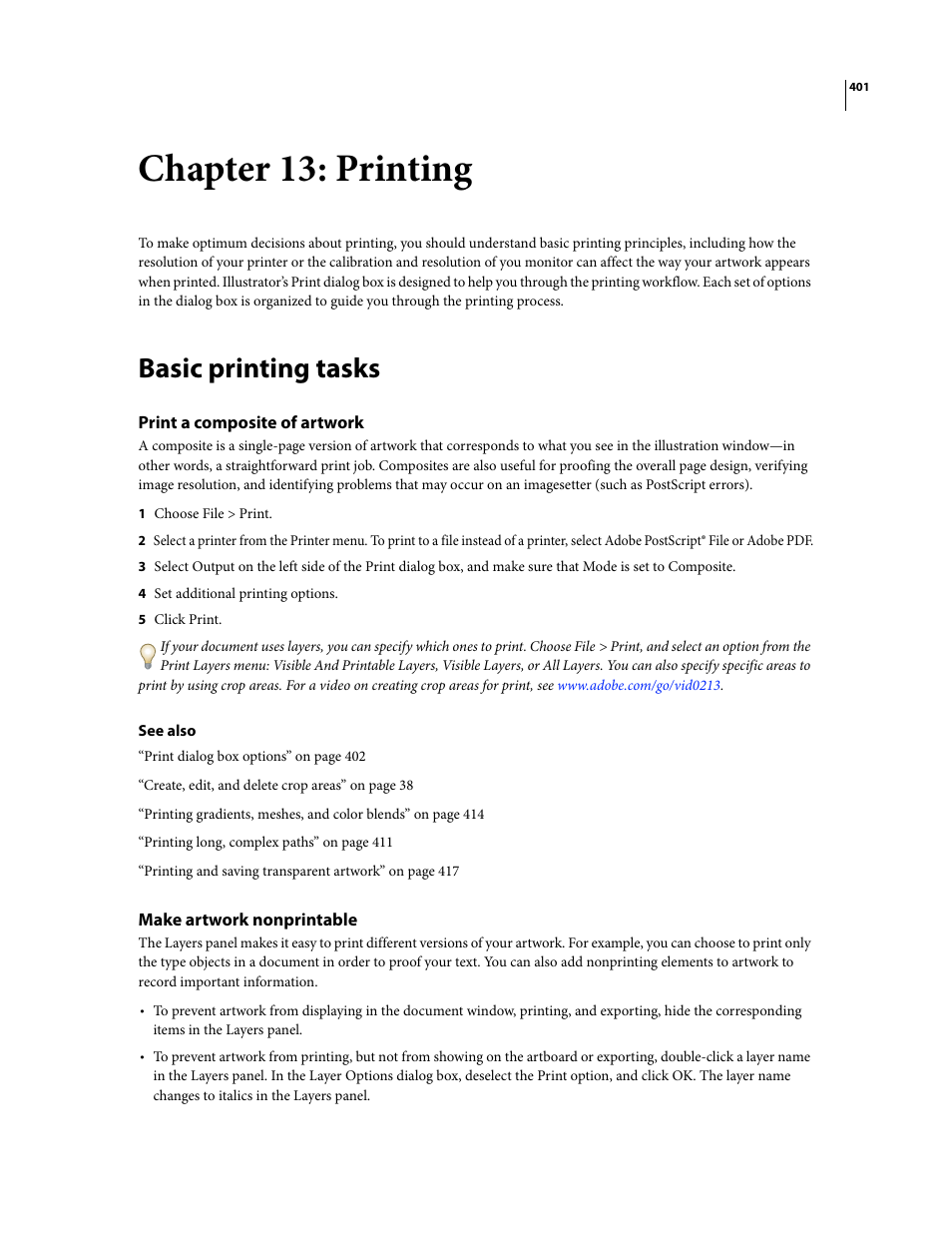 Chapter 13: printing, Basic printing tasks, Print a composite of artwork | Make artwork nonprintable | Adobe Illustrator CS3 User Manual | Page 407 / 495