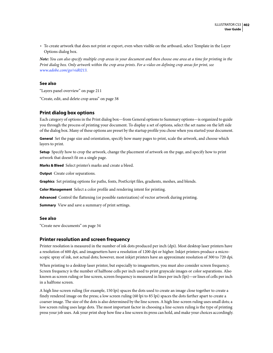 Print dialog box options, Printer resolution and screen frequency | Adobe Illustrator CS3 User Manual | Page 408 / 495