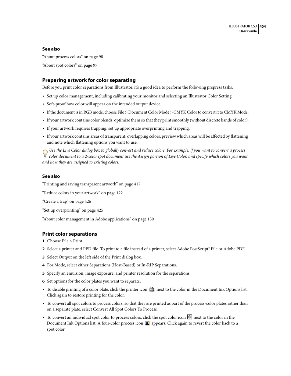 Preparing artwork for color separating, Print color separations | Adobe Illustrator CS3 User Manual | Page 410 / 495