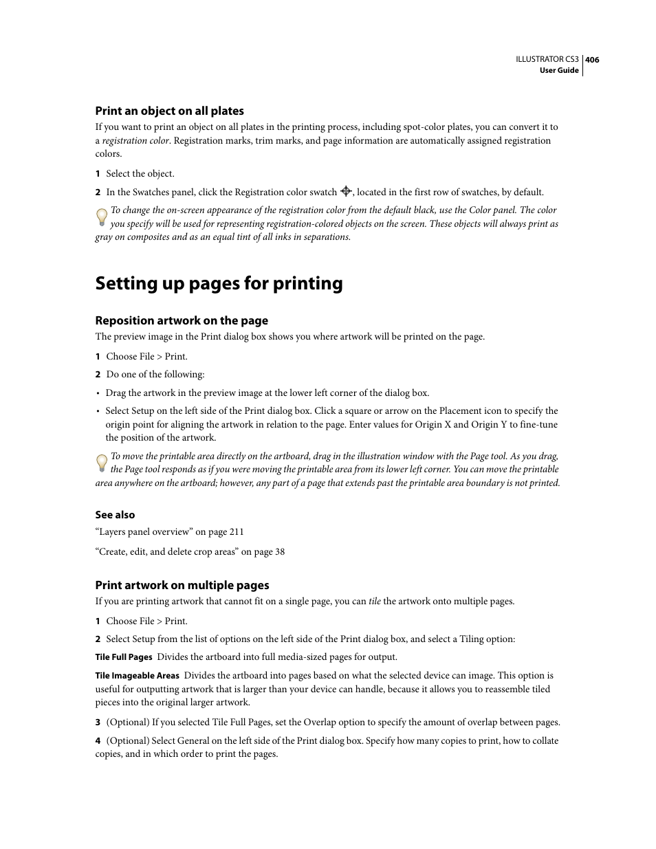 Print an object on all plates, Setting up pages for printing | Adobe Illustrator CS3 User Manual | Page 412 / 495