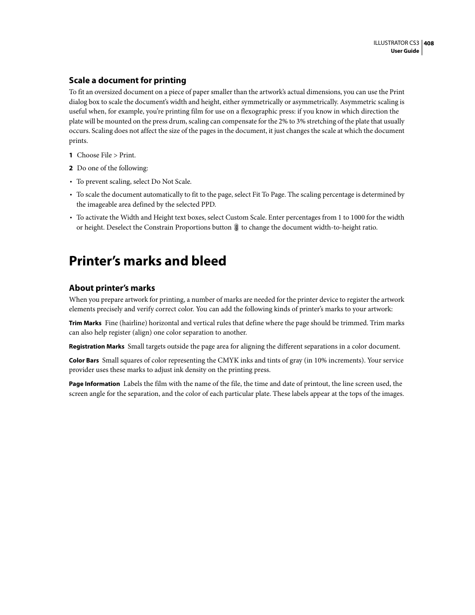 Scale a document for printing, Printer’s marks and bleed, About printer’s marks | Adobe Illustrator CS3 User Manual | Page 414 / 495