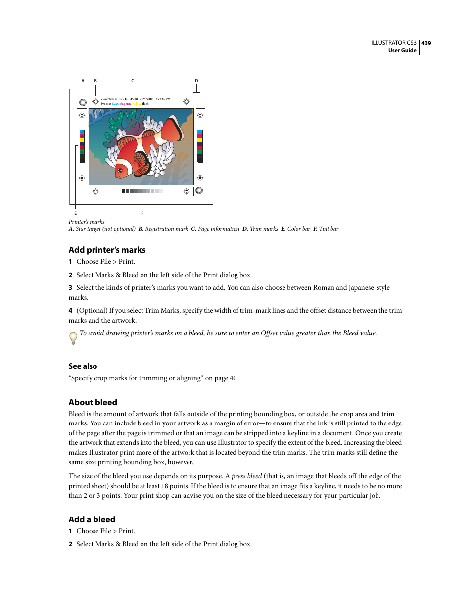 Add printer’s marks, About bleed, Add a bleed | Adobe Illustrator CS3 User Manual | Page 415 / 495