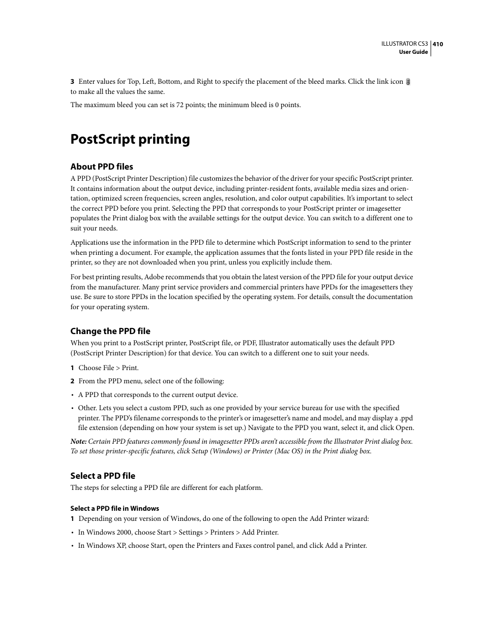 Postscript printing, About ppd files, Change the ppd file | Select a ppd file | Adobe Illustrator CS3 User Manual | Page 416 / 495