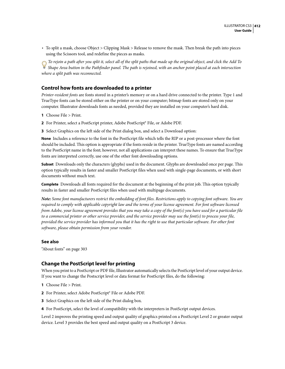 Control how fonts are downloaded to a printer, Change the postscript level for printing | Adobe Illustrator CS3 User Manual | Page 418 / 495