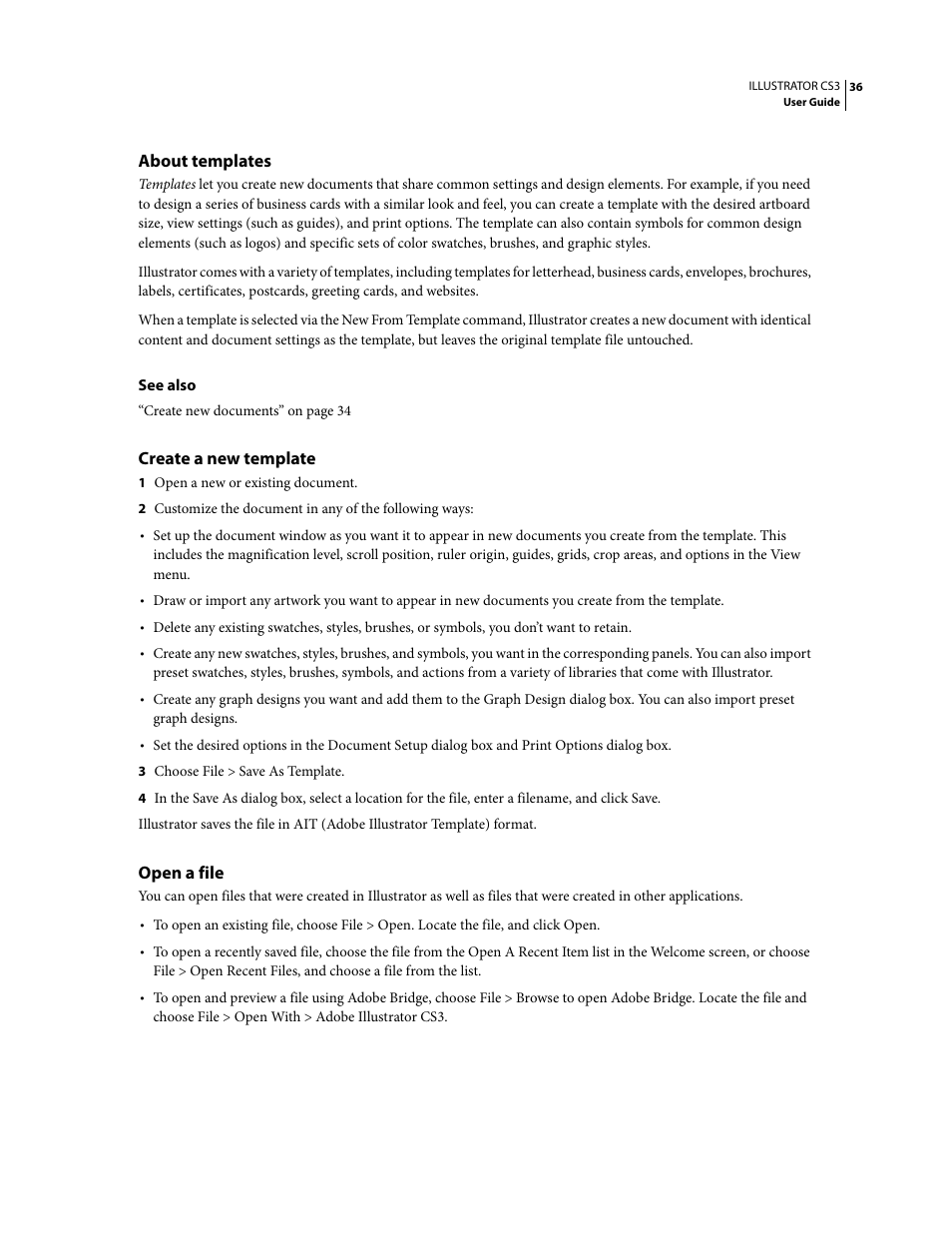 About templates, Create a new template, Open a file | Adobe Illustrator CS3 User Manual | Page 42 / 495