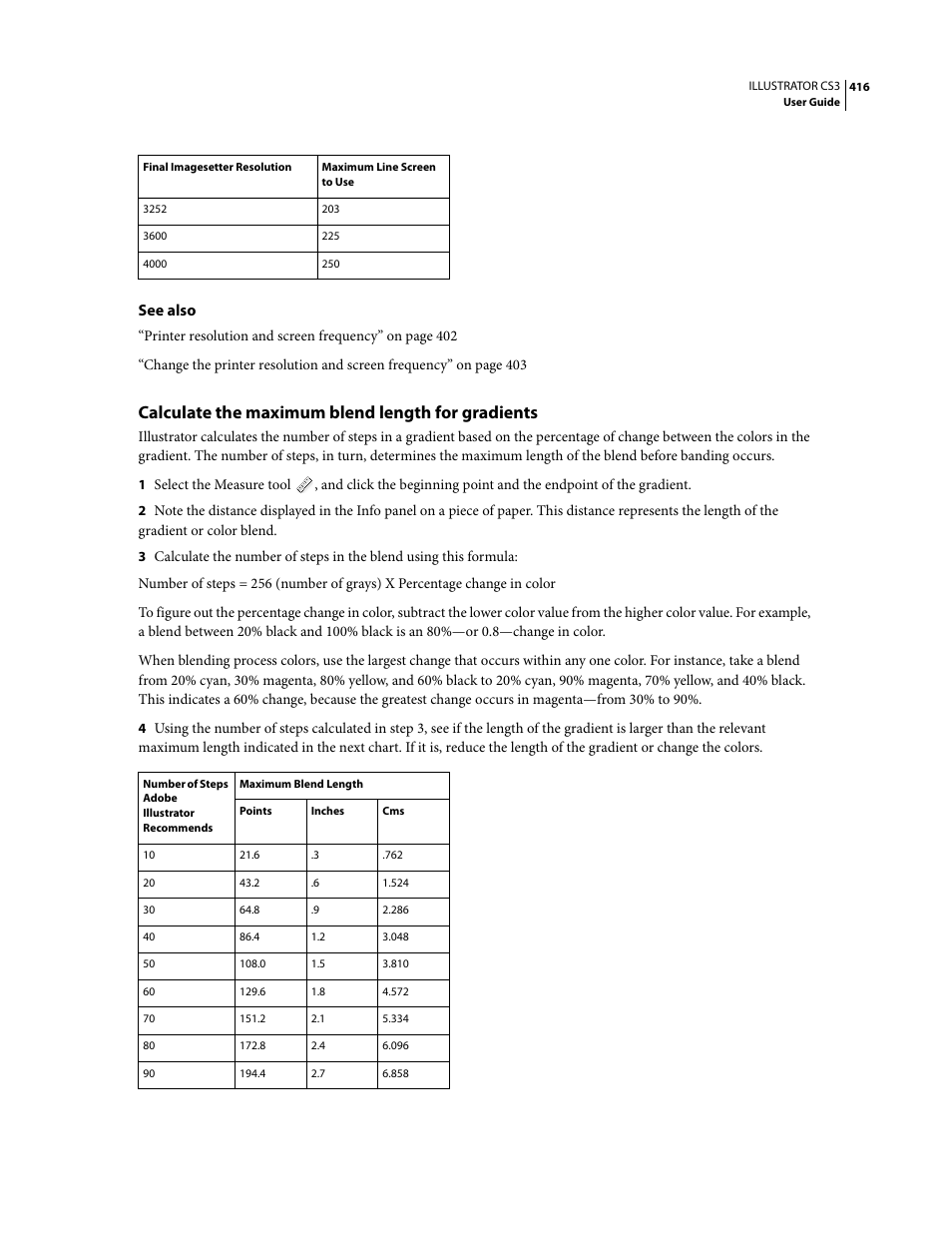Calculate the maximum blend length for gradients | Adobe Illustrator CS3 User Manual | Page 422 / 495