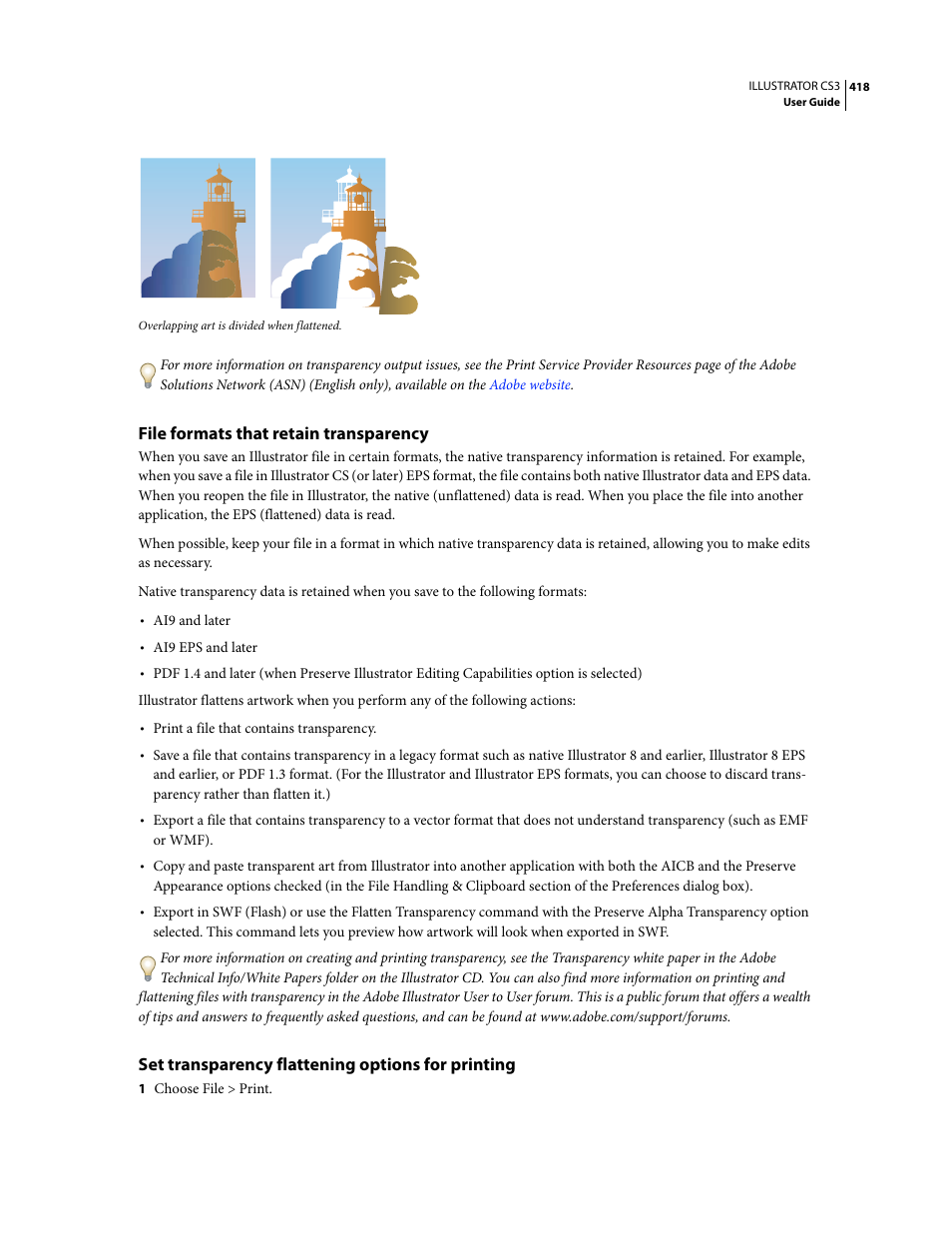 File formats that retain transparency, Set transparency flattening options for printing | Adobe Illustrator CS3 User Manual | Page 424 / 495