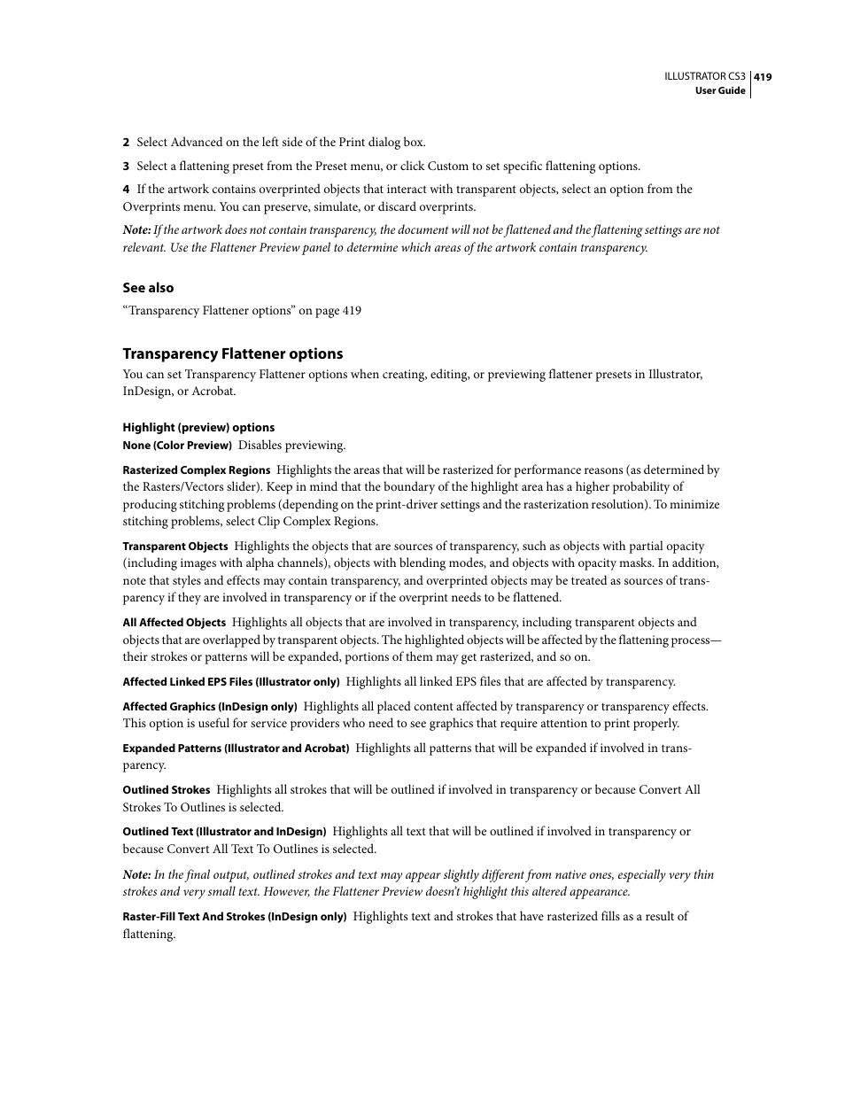 Transparency flattener options | Adobe Illustrator CS3 User Manual | Page 425 / 495