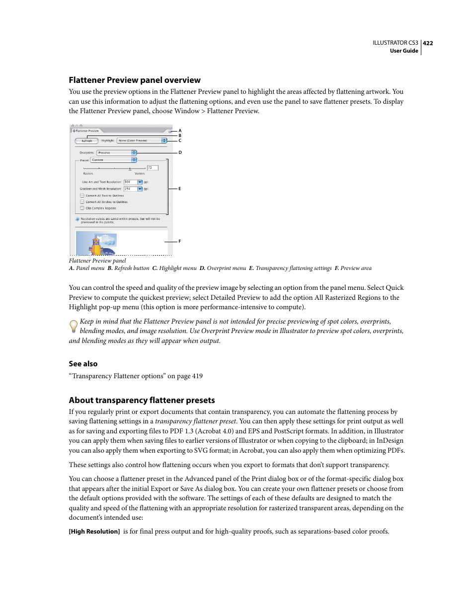 Flattener preview panel overview, About transparency flattener presets | Adobe Illustrator CS3 User Manual | Page 428 / 495