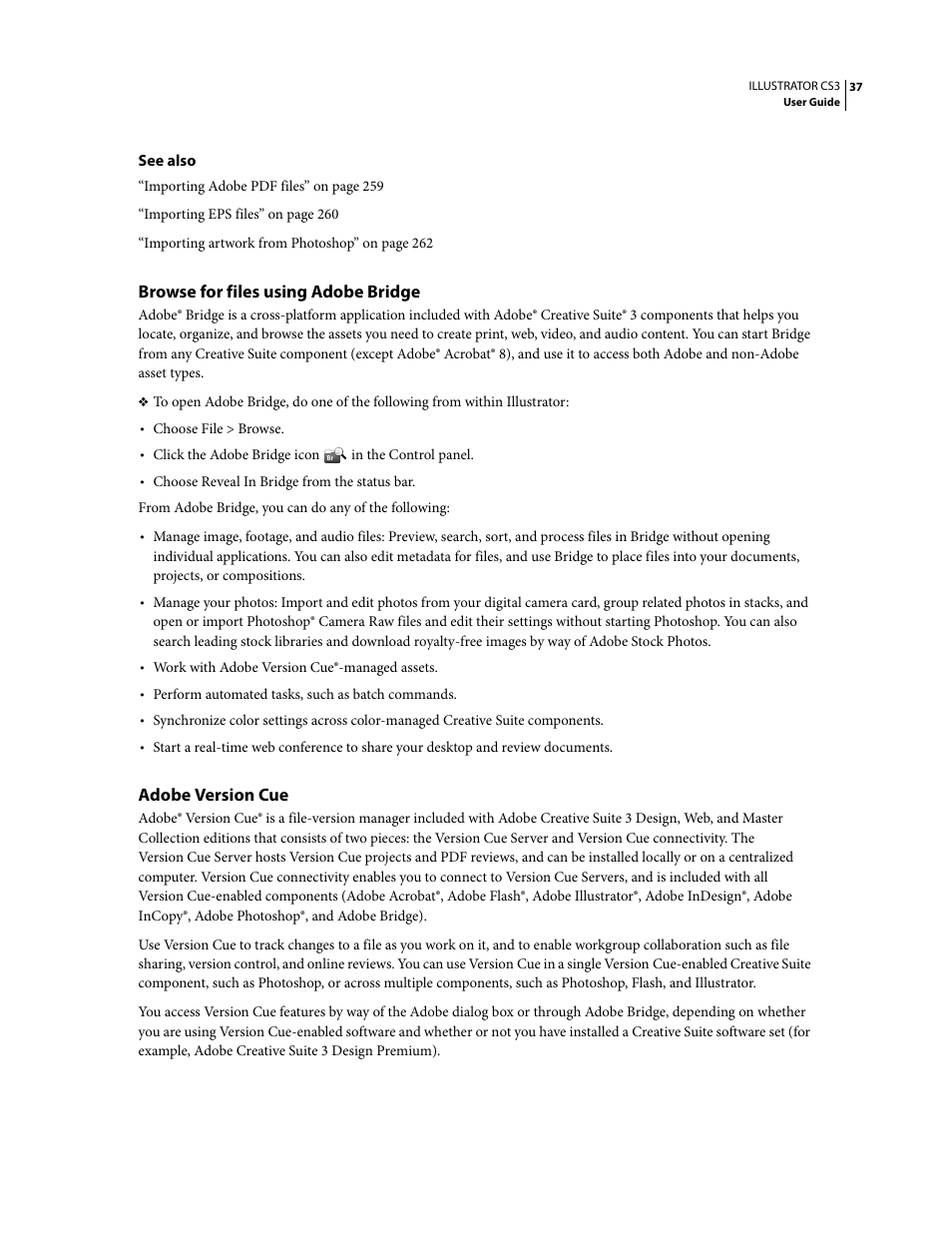 Browse for files using adobe bridge, Adobe version cue | Adobe Illustrator CS3 User Manual | Page 43 / 495