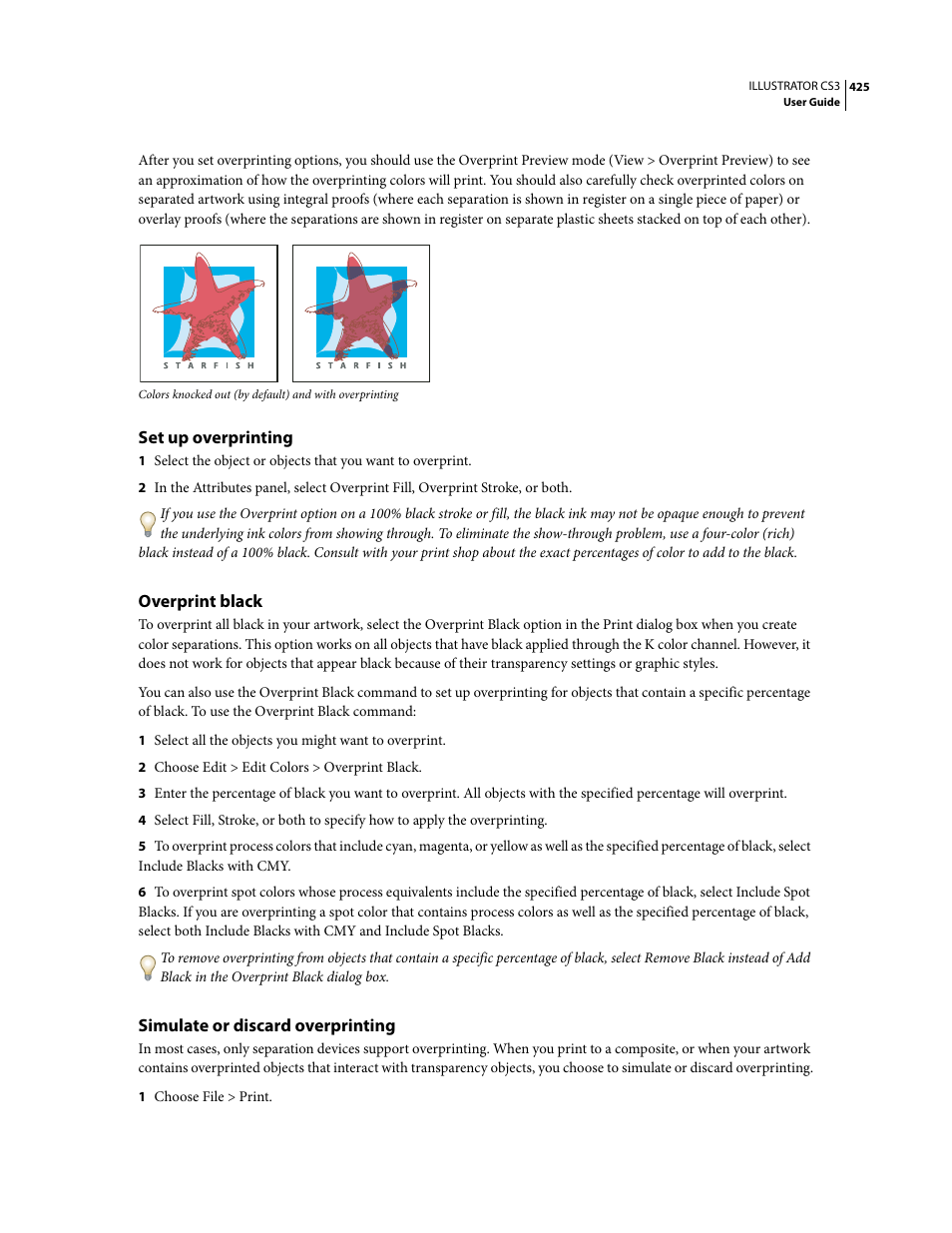 Set up overprinting, Overprint black, Simulate or discard overprinting | Adobe Illustrator CS3 User Manual | Page 431 / 495