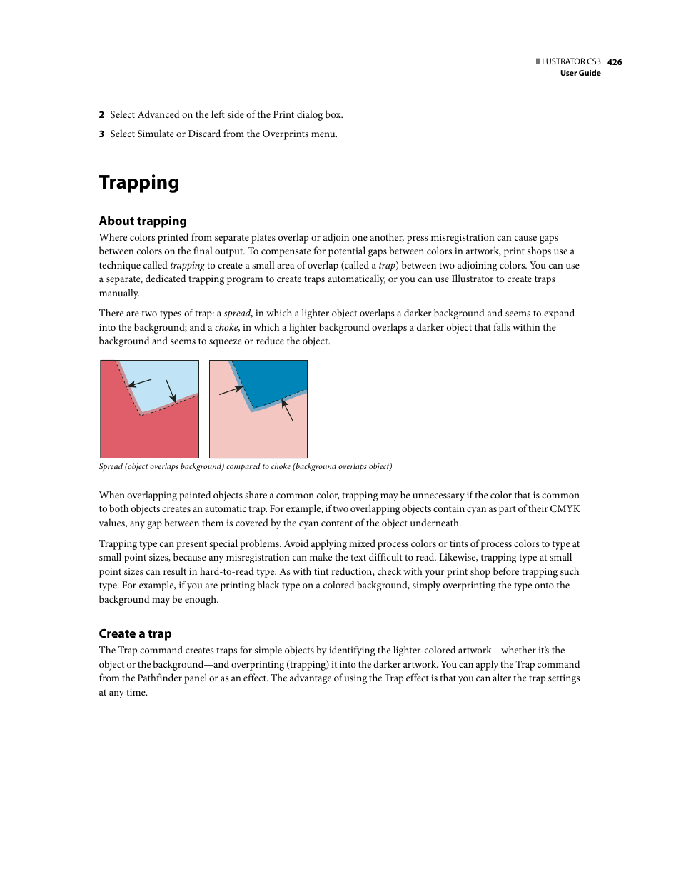 Trapping, About trapping, Create a trap | Adobe Illustrator CS3 User Manual | Page 432 / 495