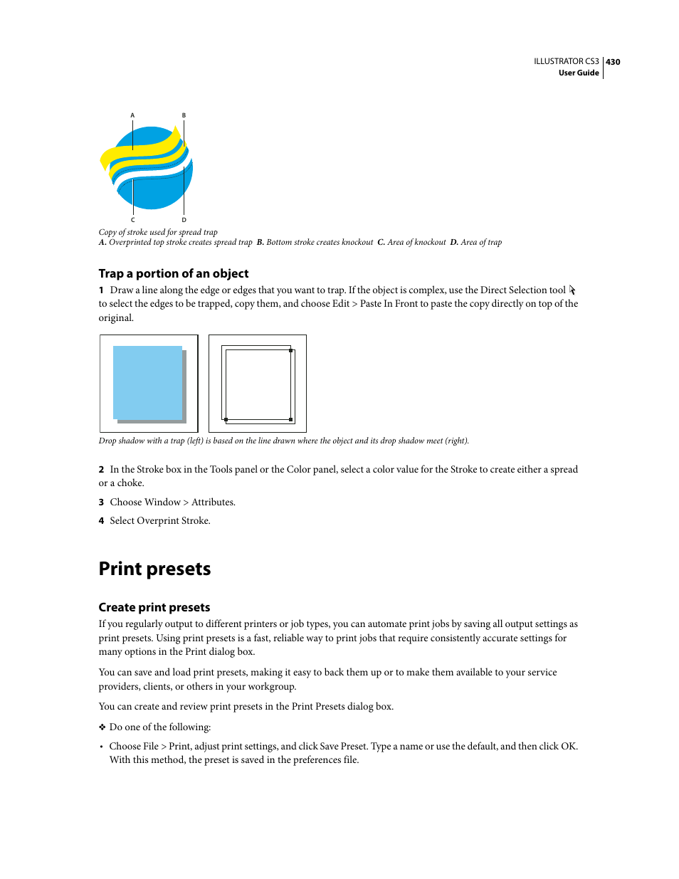 Trap a portion of an object, Print presets, Create print presets | Adobe Illustrator CS3 User Manual | Page 436 / 495