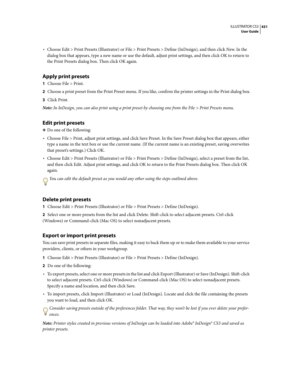 Apply print presets, Edit print presets, Delete print presets | Export or import print presets | Adobe Illustrator CS3 User Manual | Page 437 / 495