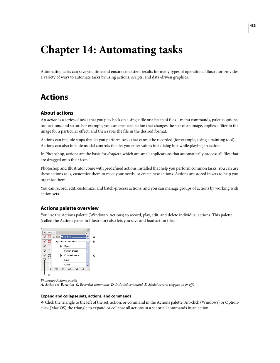 Chapter 14: automating tasks, Actions, About actions | Actions palette overview | Adobe Illustrator CS3 User Manual | Page 439 / 495