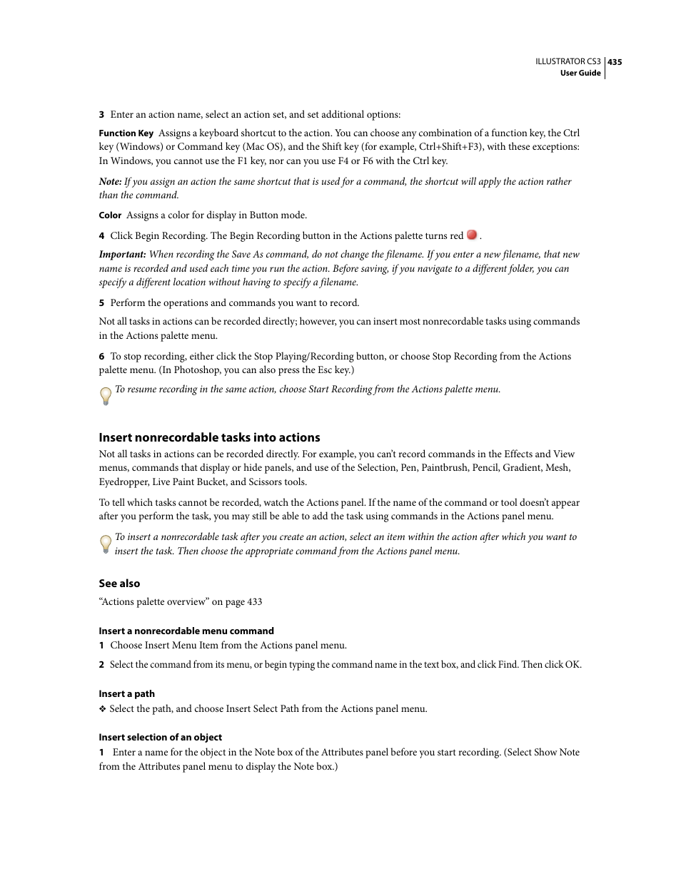 Insert nonrecordable tasks into actions | Adobe Illustrator CS3 User Manual | Page 441 / 495