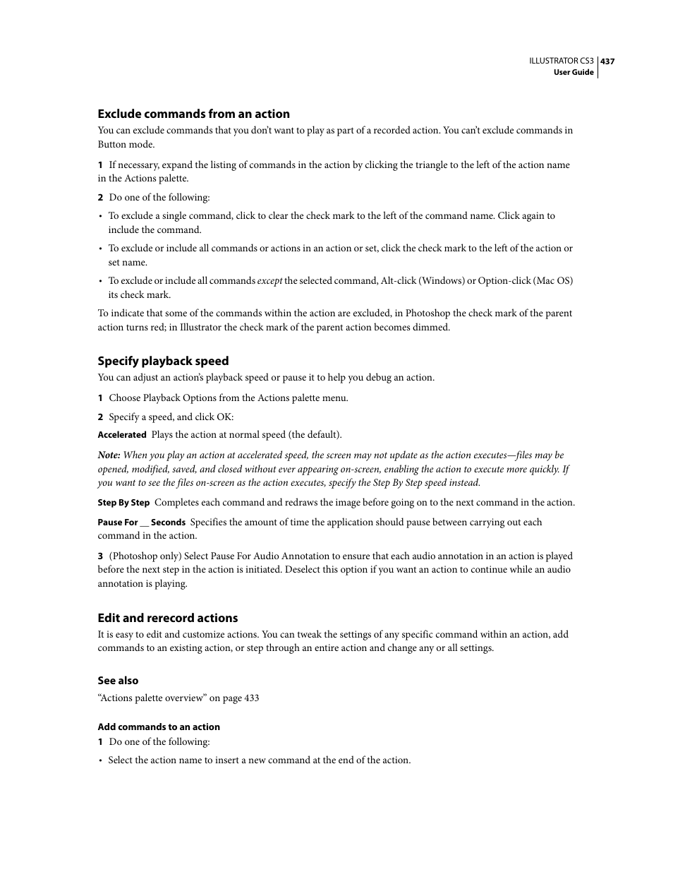 Exclude commands from an action, Specify playback speed, Edit and rerecord actions | Adobe Illustrator CS3 User Manual | Page 443 / 495
