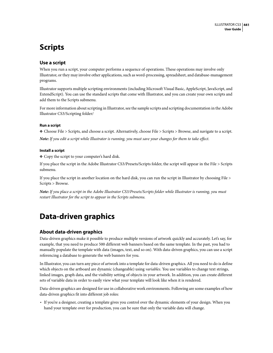 Scripts, Use a script, Data-driven graphics | About data-driven graphics | Adobe Illustrator CS3 User Manual | Page 447 / 495