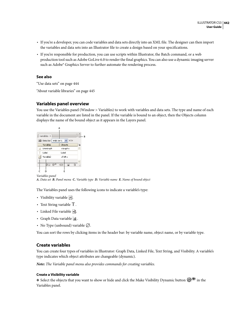 Variables panel overview, Create variables | Adobe Illustrator CS3 User Manual | Page 448 / 495