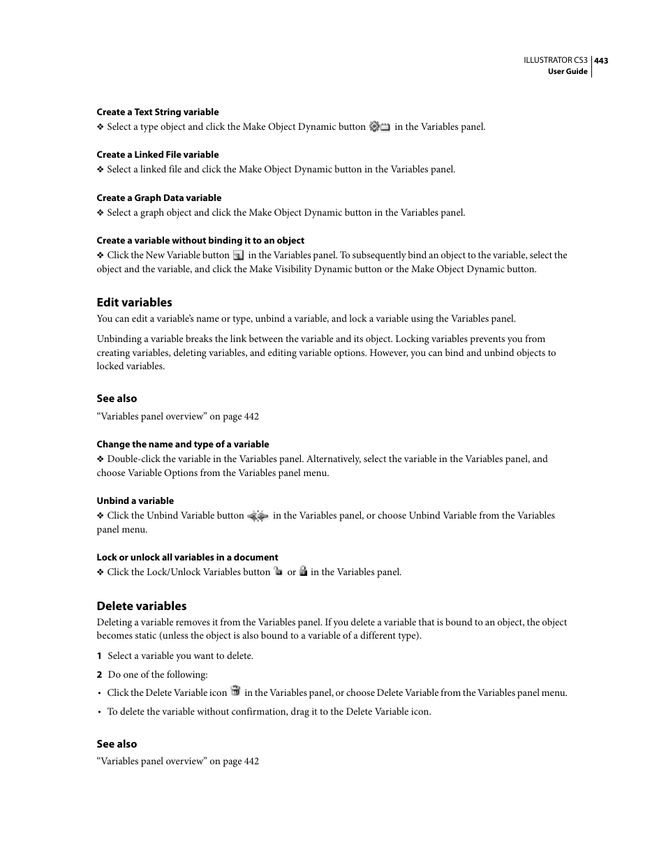 Edit variables, Delete variables | Adobe Illustrator CS3 User Manual | Page 449 / 495