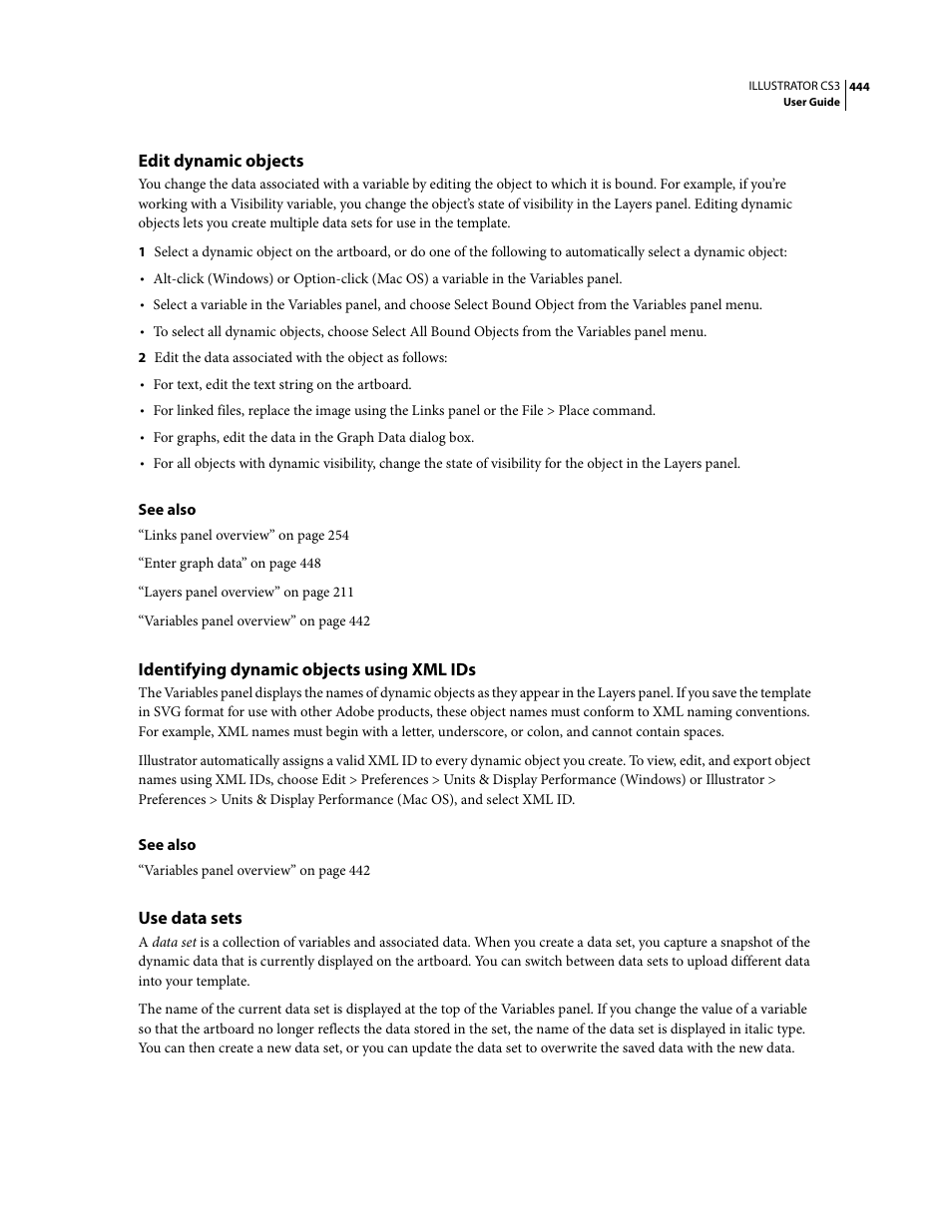 Edit dynamic objects, Identifying dynamic objects using xml ids, Use data sets | Adobe Illustrator CS3 User Manual | Page 450 / 495