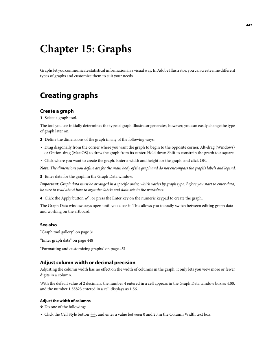 Chapter 15: graphs, Creating graphs, Create a graph | Adjust column width or decimal precision | Adobe Illustrator CS3 User Manual | Page 453 / 495