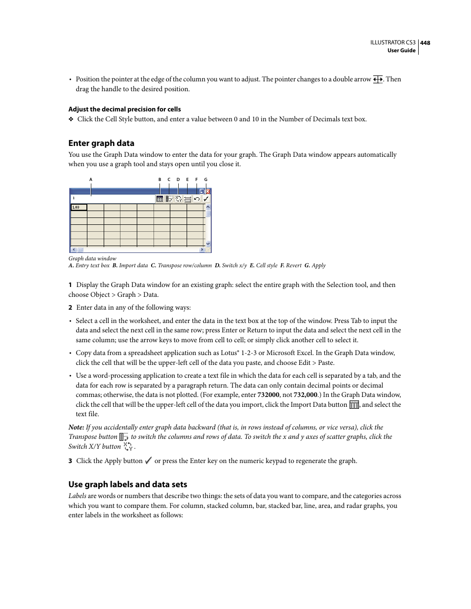 Enter graph data, Use graph labels and data sets | Adobe Illustrator CS3 User Manual | Page 454 / 495