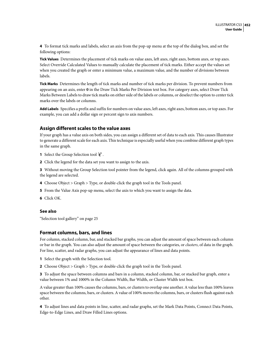 Assign different scales to the value axes, Format columns, bars, and lines | Adobe Illustrator CS3 User Manual | Page 458 / 495