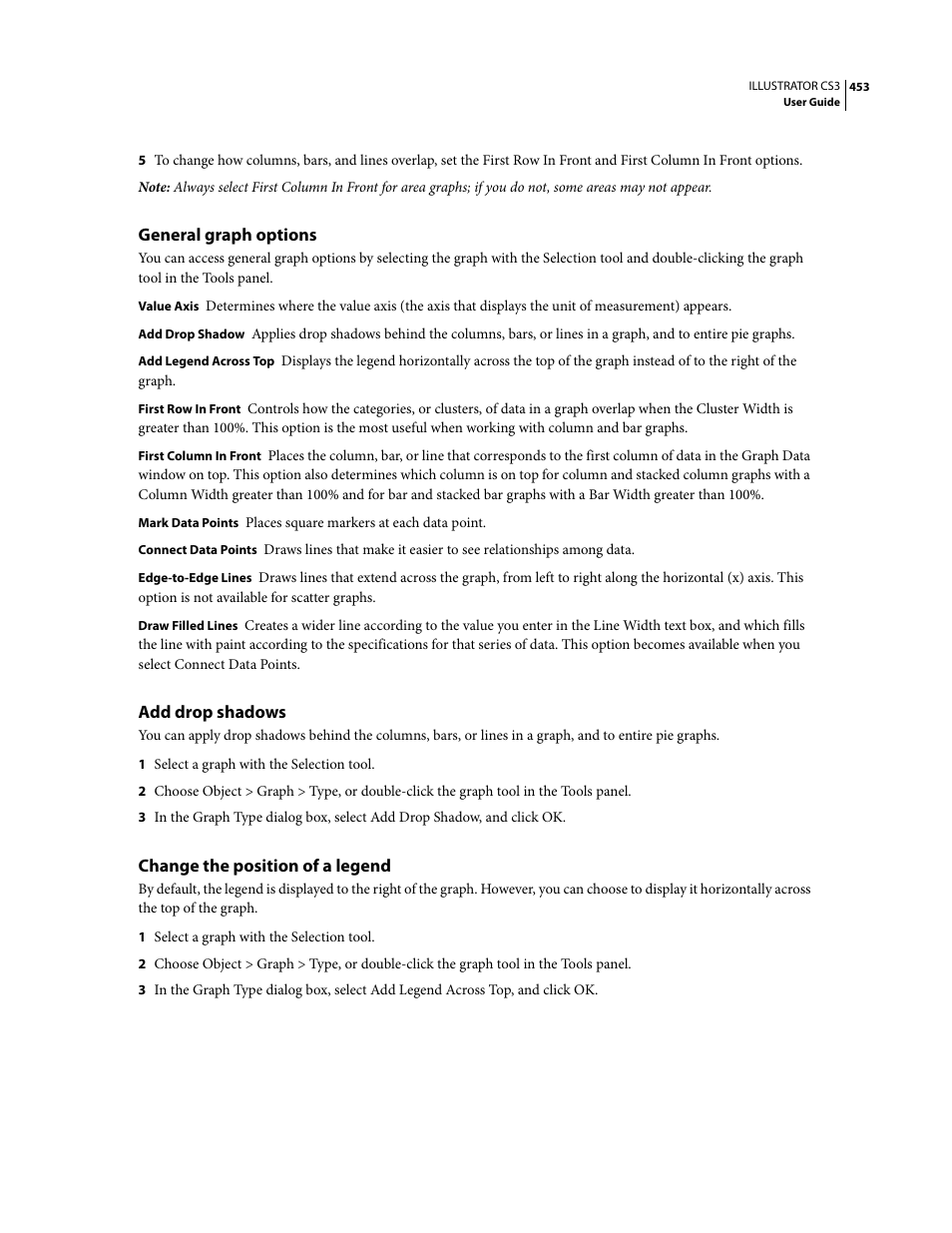 General graph options, Add drop shadows, Change the position of a legend | Adobe Illustrator CS3 User Manual | Page 459 / 495