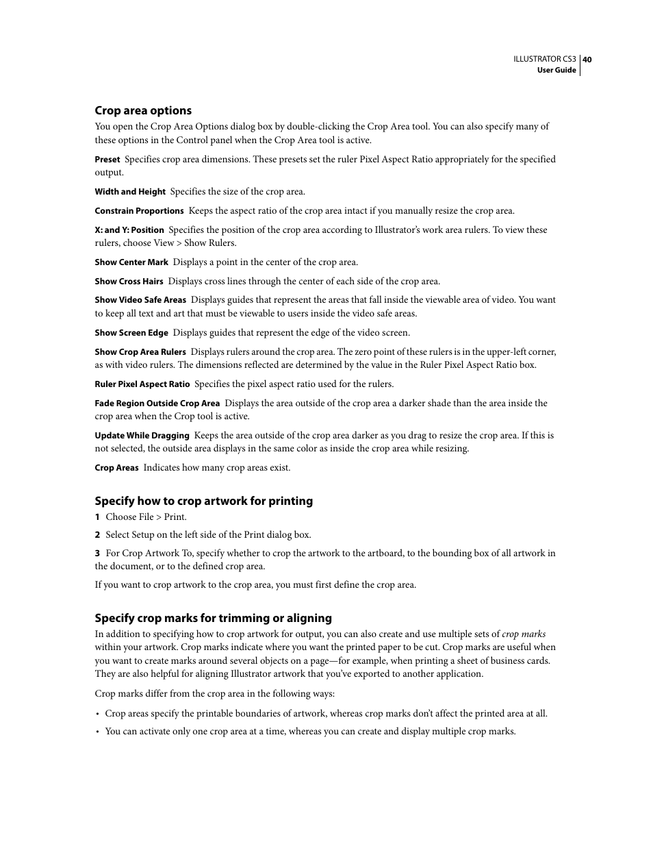 Crop area options, Specify how to crop artwork for printing, Specify crop marks for trimming or aligning | Adobe Illustrator CS3 User Manual | Page 46 / 495