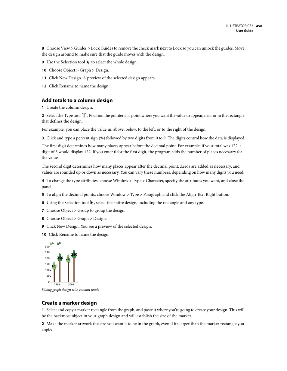 Add totals to a column design, Create a marker design | Adobe Illustrator CS3 User Manual | Page 464 / 495