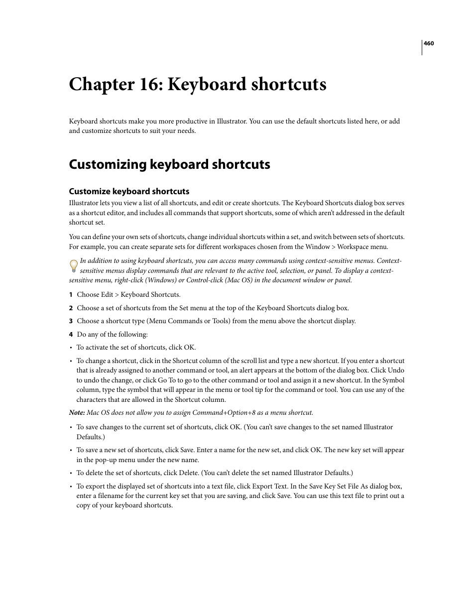 Chapter 16: keyboard shortcuts, Customizing keyboard shortcuts, Customize keyboard shortcuts | Adobe Illustrator CS3 User Manual | Page 466 / 495