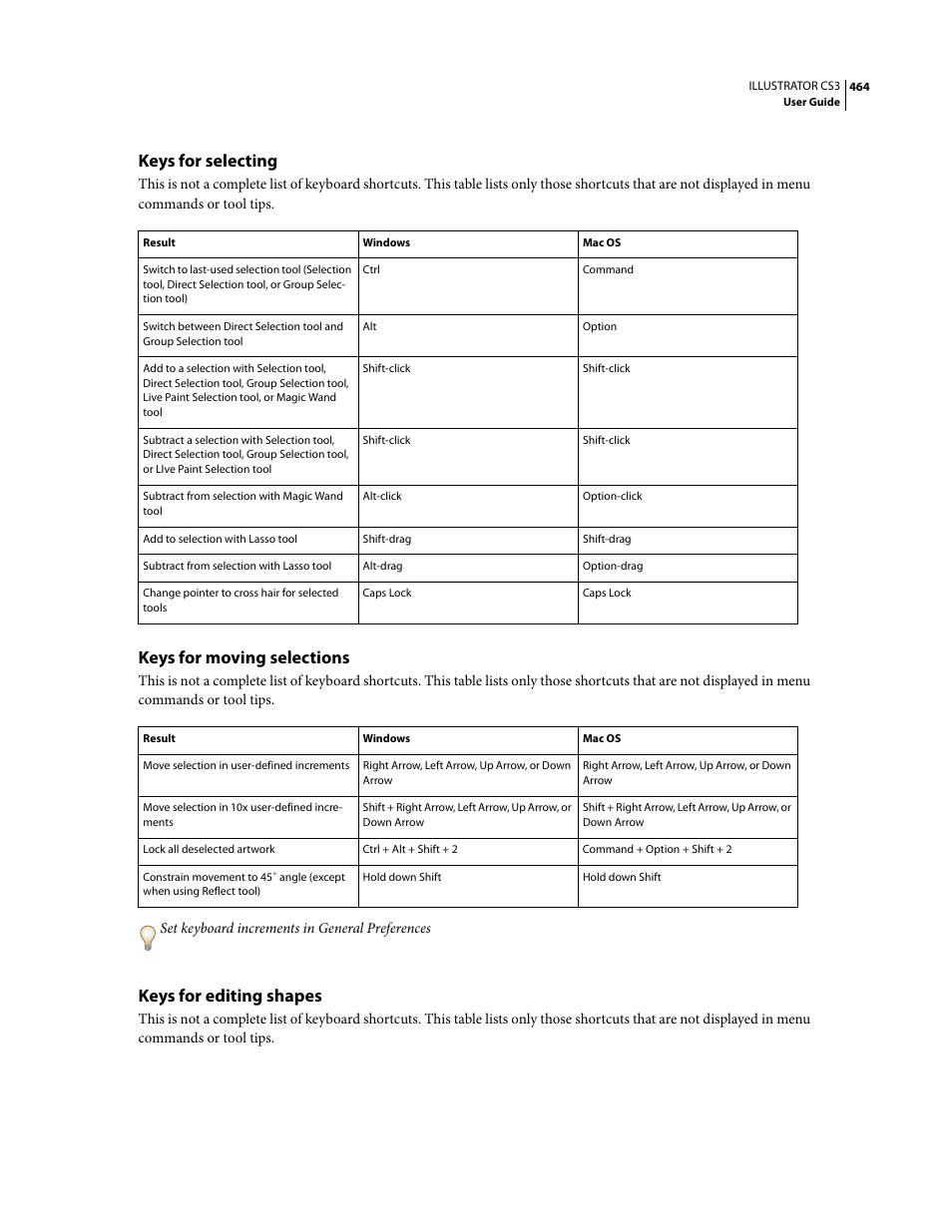Keys for selecting, Keys for moving selections, Keys for editing shapes | Adobe Illustrator CS3 User Manual | Page 470 / 495