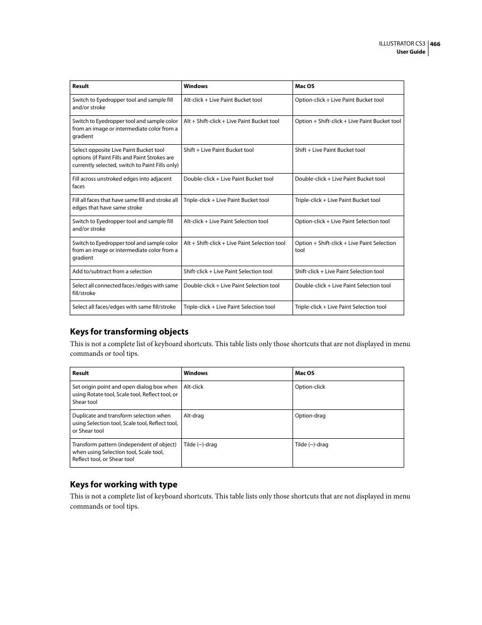 Keys for transforming objects, Keys for working with type | Adobe Illustrator CS3 User Manual | Page 472 / 495