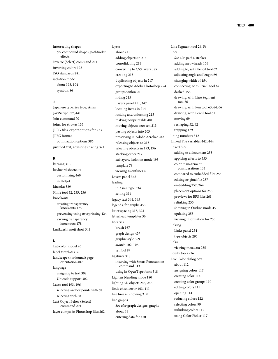 Intersecting shapes, See compound shapes, pathfinder effects, Inverse (select) command 201 | Inverting colors 125, Iso standards 281, Isolation mode, About 193, 194, Symbols 86, Japanese type. see type, asian, Javascript 377, 441 | Adobe Illustrator CS3 User Manual | Page 486 / 495