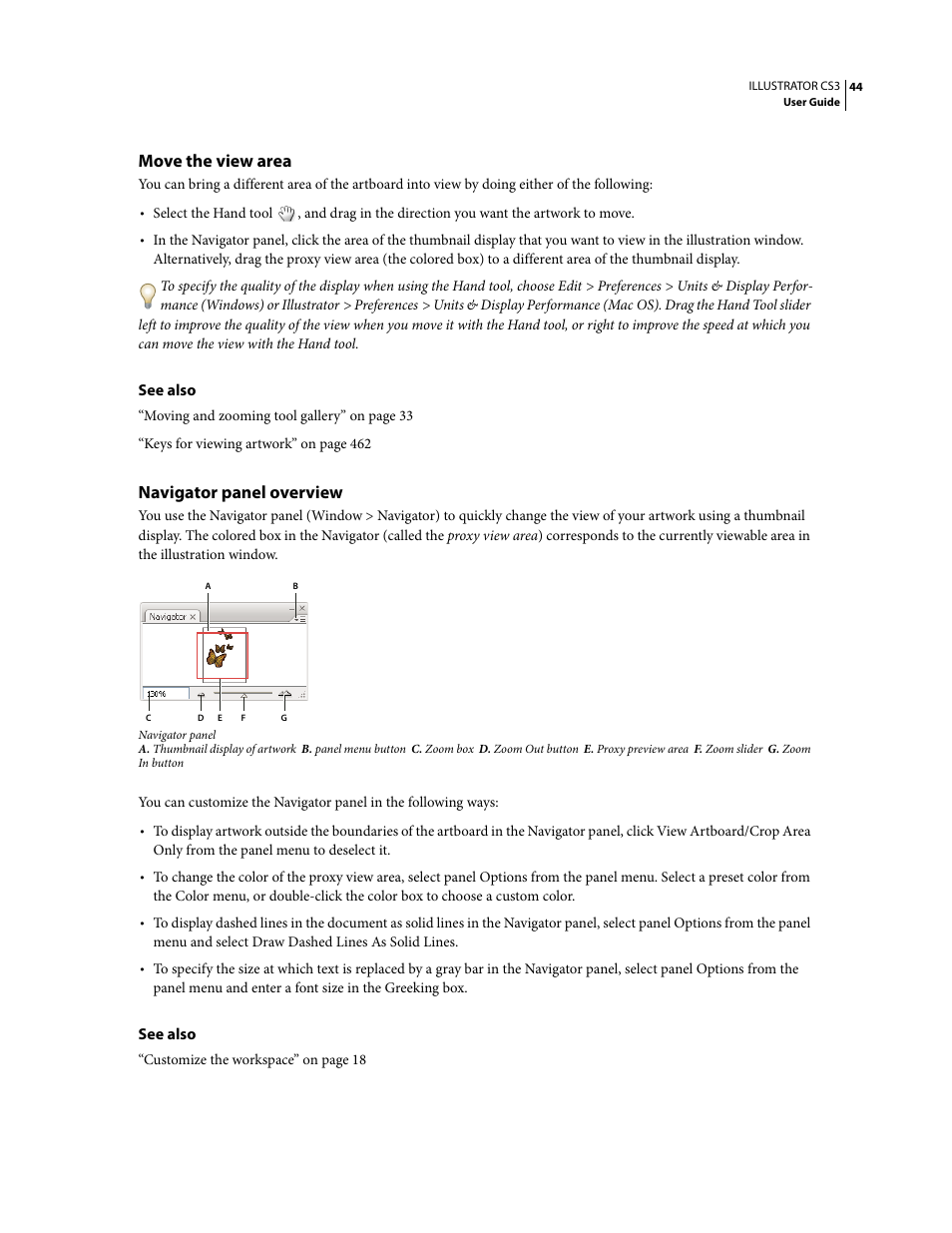 Move the view area, Navigator panel overview | Adobe Illustrator CS3 User Manual | Page 50 / 495