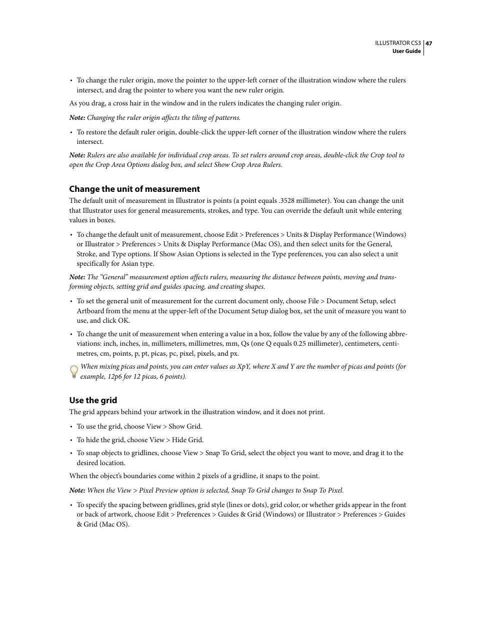 Change the unit of measurement, Use the grid | Adobe Illustrator CS3 User Manual | Page 53 / 495