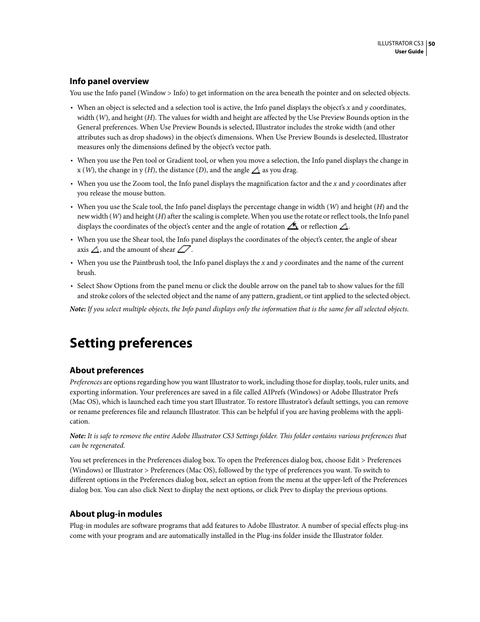 Info panel overview, Setting preferences, About preferences | About plug-in modules | Adobe Illustrator CS3 User Manual | Page 56 / 495