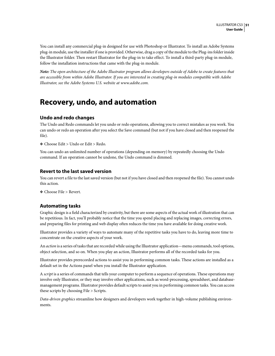 Recovery, undo, and automation, Undo and redo changes, Revert to the last saved version | Automating tasks | Adobe Illustrator CS3 User Manual | Page 57 / 495