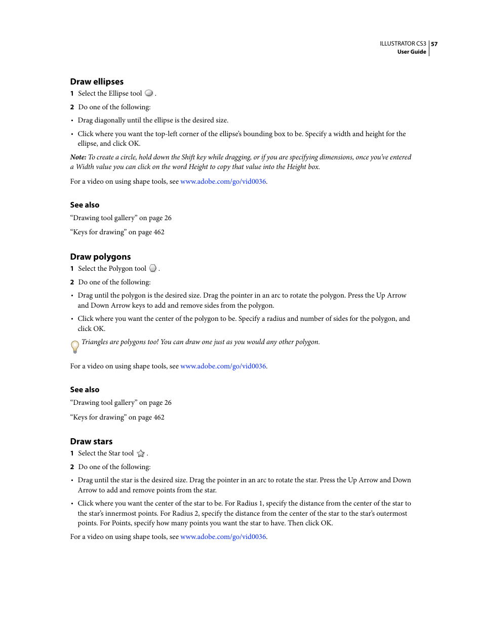 Draw ellipses, Draw polygons, Draw stars | Adobe Illustrator CS3 User Manual | Page 63 / 495