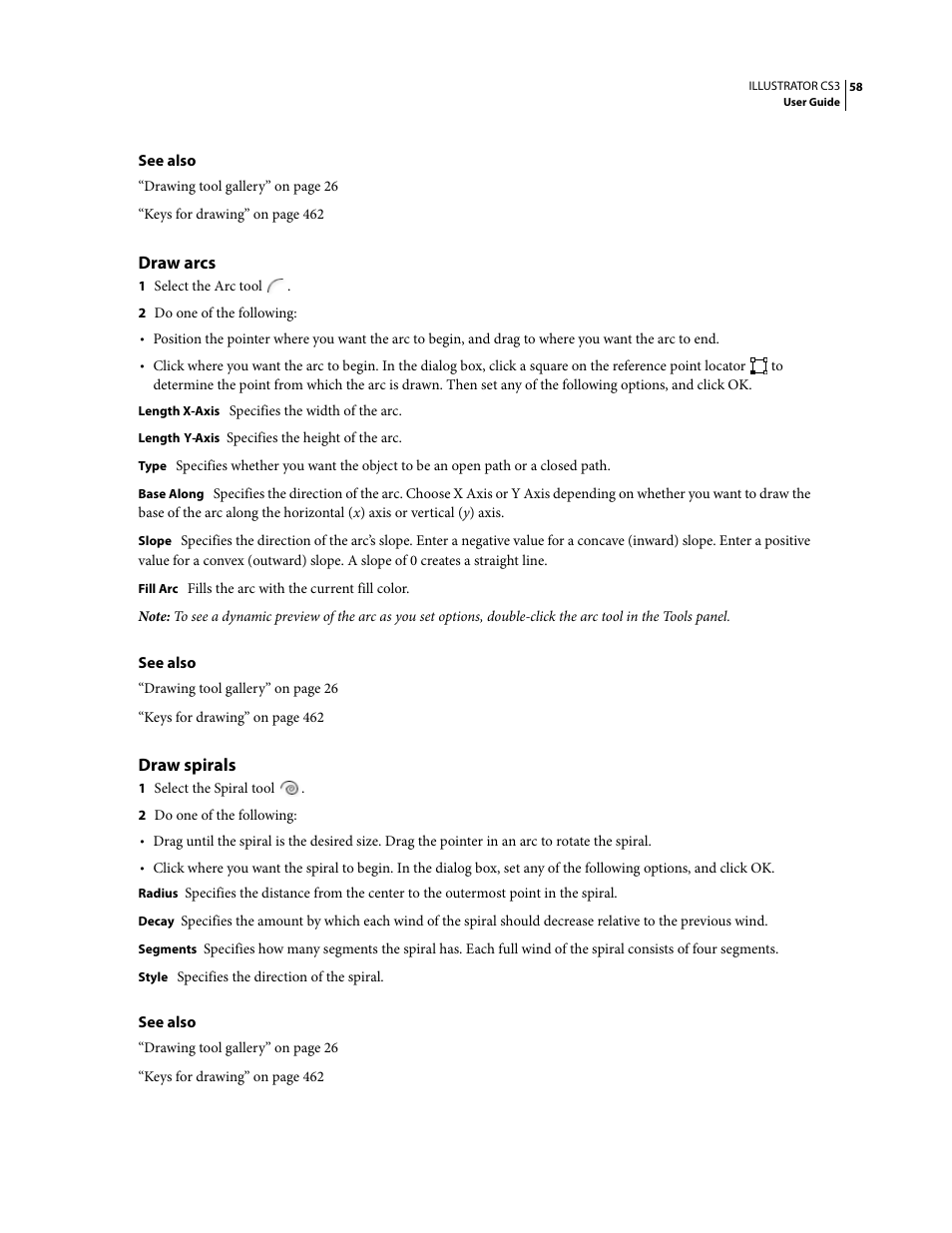 Draw arcs, Draw spirals | Adobe Illustrator CS3 User Manual | Page 64 / 495
