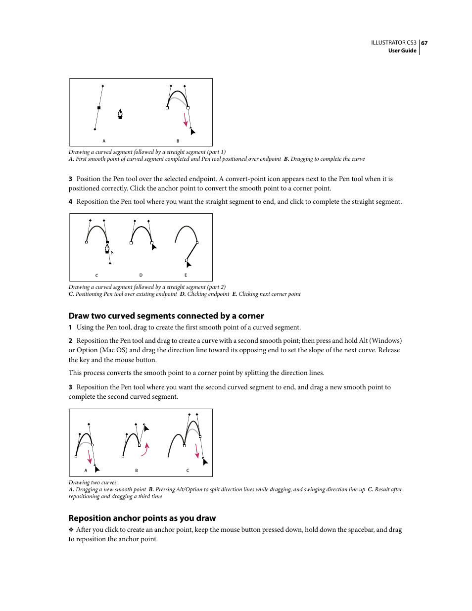 Draw two curved segments connected by a corner, Reposition anchor points as you draw | Adobe Illustrator CS3 User Manual | Page 73 / 495