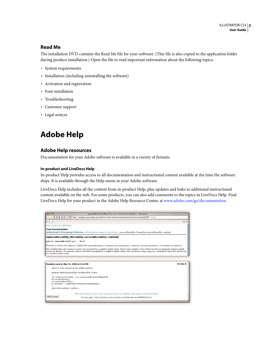 Read me, Adobe help, Adobe help resources | Adobe Illustrator CS3 User Manual | Page 8 / 495