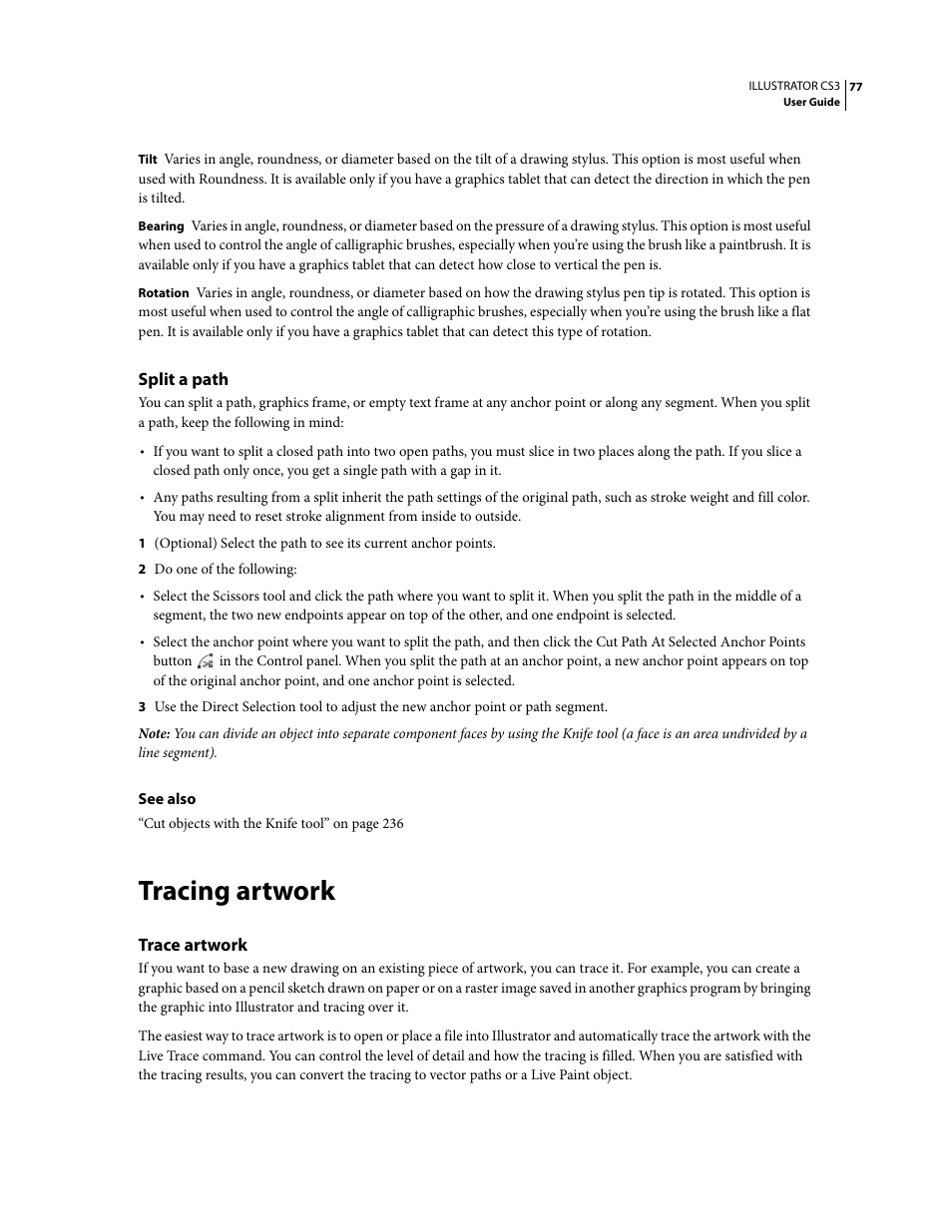 Split a path, Tracing artwork, Trace artwork | Adobe Illustrator CS3 User Manual | Page 83 / 495