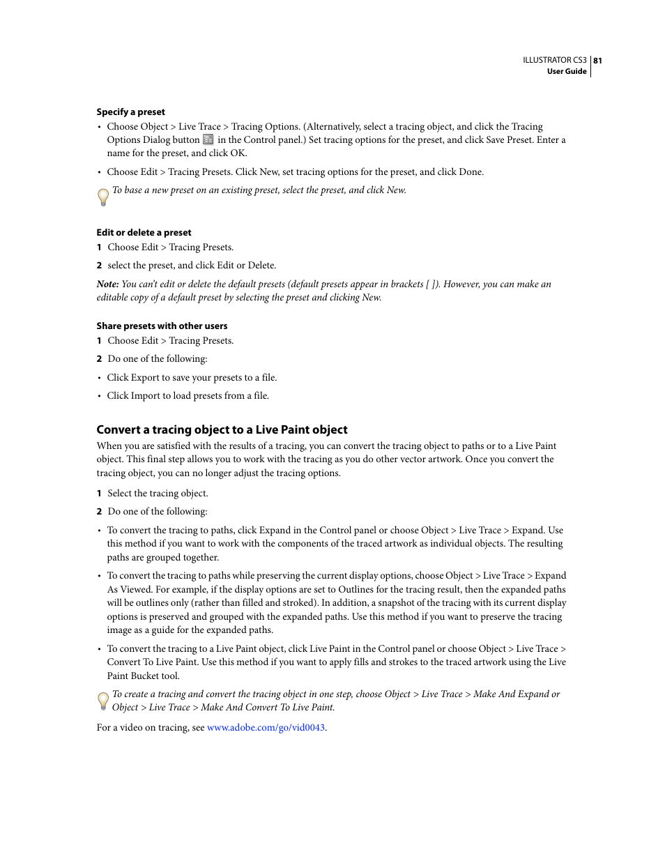 Convert a tracing object to a live paint object | Adobe Illustrator CS3 User Manual | Page 87 / 495