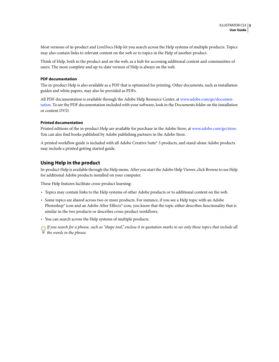 Using help in the product | Adobe Illustrator CS3 User Manual | Page 9 / 495