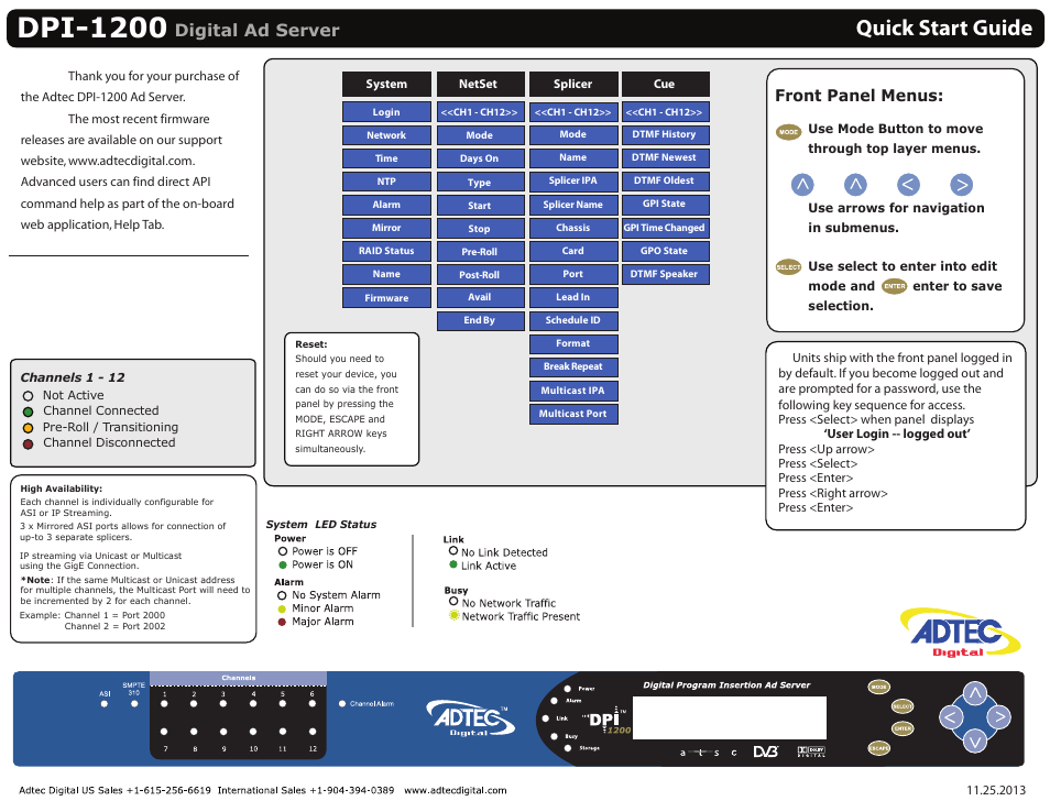 Adtec digital DPI-1200 (version 01.04.08U) Quick Start User Manual | 2 pages