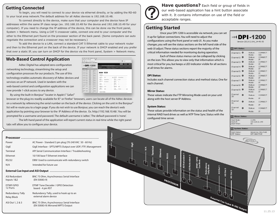Getting started, Web-based control application getting connected, Have questions | Adtec digital DPI-1200 (version 01.04.08U) Quick Start User Manual | Page 2 / 2