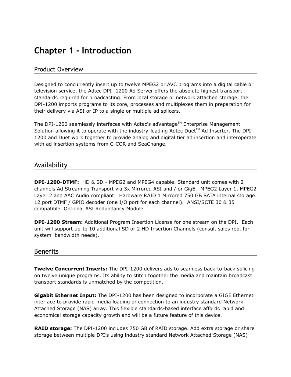 Chapter, Introduction, Product | Overview, Availability benefits, Chapter 1 - introduction, Availability, Benefits, Product overview | Adtec digital DPI-1200 (version 01.04.08U) Manual User Manual | Page 10 / 58